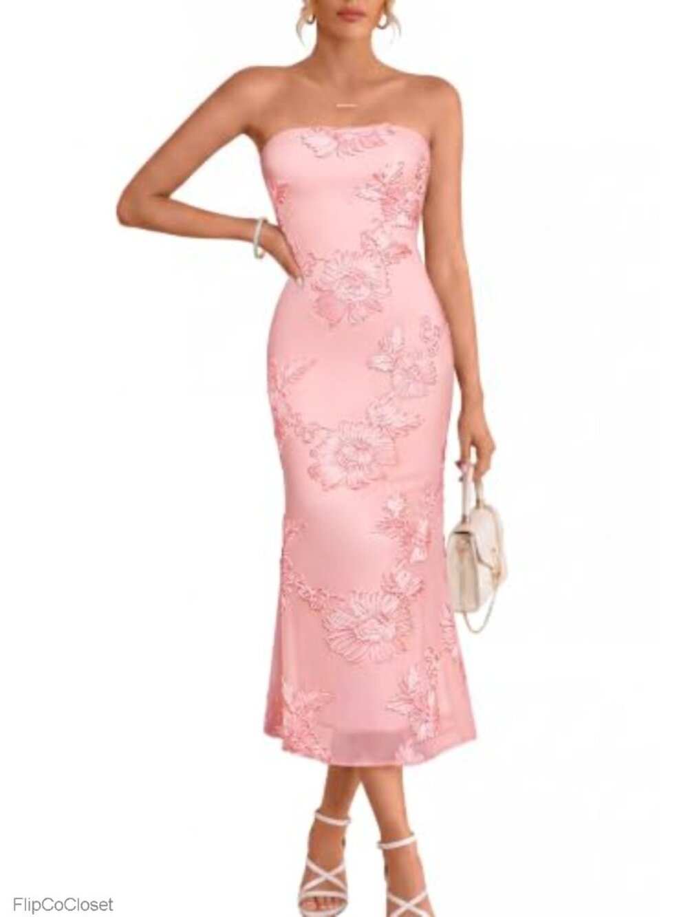 Strapless Floral Bodycon Mesh Formal Party Mermaid Maxi Dress with Non-Slip